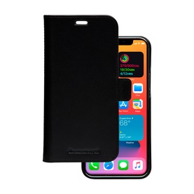 DBramante Lynge iPhone 12/12 Pro 6.1 Inch 2-In-1 Case in black, shown open revealing phone screen and wallet interior