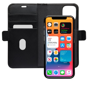 DBramante Lynge iPhone 12/12 Pro 6.1 Inch 2-In-1 Case in black, shown open as wallet folio with card slot and phone inserted