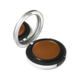 MAC Studio Fix Tech Cream-To-Powder Foundation in deep tan shade, open compact with integrated mirror, silver case, 10ml