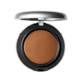MAC Studio Fix Tech Cream-To-Powder Foundation in deep tan shade, open compact with mirror lid, 10ml