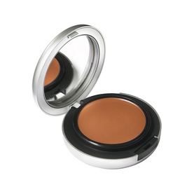 MAC Studio Fix Tech Cream-To-Powder Foundation compact, open showing warm tan shade and integrated mirror, silver case, 10ml