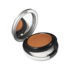 MAC Studio Fix Tech Cream-To-Powder Foundation compact, open lid showing mirror and warm tan shade, 10ml