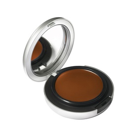 MAC Studio Fix Tech Cream-To-Powder Foundation in deep brown shade, open compact with integrated mirror, 10ml