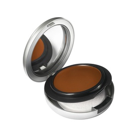 MAC Studio Fix Tech Cream-To-Powder Foundation in deep tan shade, open compact with mirror lid, 10ml