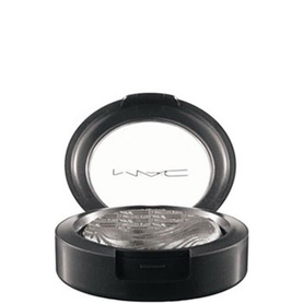 MAC Extra Dimension Eye Shadow in Evening Grey, compact open showing metallic silver-grey pressed powder with swirled texture