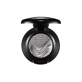 MAC Extra Dimension Eye Shadow in Evening Grey, compact open showing metallic silver pressed powder with wave-embossed pattern