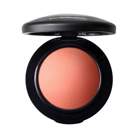 MAC Mineralize Blush in Like Me Love Me, open compact showing peachy-coral powder blush with satin finish, black case with mirror lid