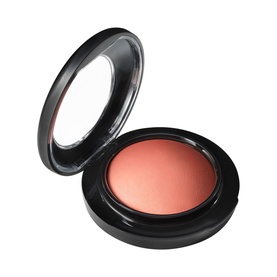 MAC Mineralize Blush in Like Me Love Me, peachy-coral powder blush in open black compact with mirror lid