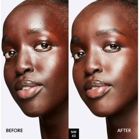 Before and after close-up showing MAC Studio Fix Fluid Foundation SPF 15 in shade NW60 on deep skin, demonstrating coverage and radiant finish
