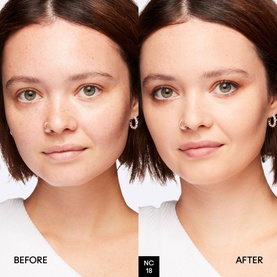 Before and after split showing MAC Studio Fix Fluid Foundation SPF 15 in shade NC18, demonstrating coverage and skin-smoothing results on model