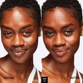 Before and after split showing MAC Studio Fix Fluid Foundation SPF 15 in shade NW57 applied to model's face, delivering an even