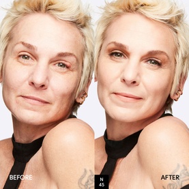 Model with MAC Studio Fix Fluid Foundation SPF 15 before and after comparison showing coverage and skin finish results