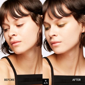 Before and after split showing MAC Studio Fix Fluid Foundation SPF 15 on model, demonstrating coverage and skin finish result