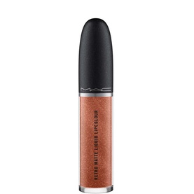 MAC Retro Matte Liquid Lipcolour in Metrochrome, a copper-bronze shimmer liquid lipstick with black doe-foot applicator cap