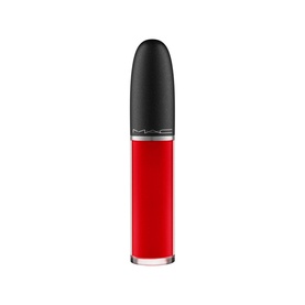 MAC Retro Matte Liquid Lipcolour in Feels So Grand, red liquid lipstick in black bullet-style tube with applicator wand