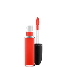MAC Retro Matte Liquid Lipcolour in Quite the Standout, bold orange-red lip colour with doe-foot applicator wand, black cap