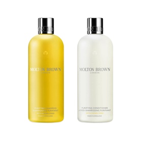 Molton Brown Purifying Shampoo and Conditioner duo set, yellow and white bottles with silver caps