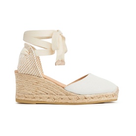 LK Bennett Maureene Espadrille Wedges in cream canvas with ankle-tie ribbons, woven toe cap, and jute rope wedge heel