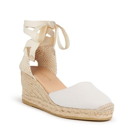 LK Bennett Maureene Espadrille Wedges in cream, canvas upper, ankle tie ribbon straps, jute rope wedge sole, 6.5cm heel