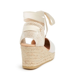 LK Bennett Maureene Espadrille Wedges in cream, showing ankle lace-up ties, woven upper and jute rope wedge heel, rear view