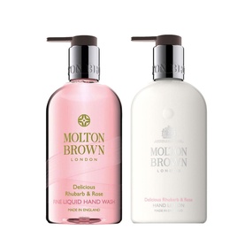 Molton Brown Delicious Rhubarb & Rose Hand Wash and Hand Lotion duo set in pink and white pump bottles