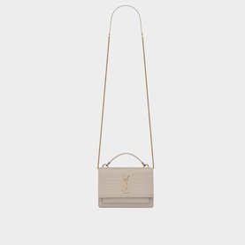 Saint Laurent Sunset Croc-Embossed Shiny Leather Chain Wallet in white, gold YSL logo, top handle and gold chain strap