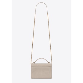 Saint Laurent Sunset Croc-Embossed Shiny Leather Chain Wallet in white, rear view, gold chain strap, structured top handle