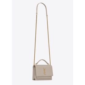 Saint Laurent Sunset Croc-Embossed Leather Chain Wallet in white with gold-tone chain strap, top handle, and YSL monogram clasp