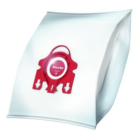 Miele FJM Vacuum Cleaner Bags in white with red branded collar and filter, pack of dust bags shown flat