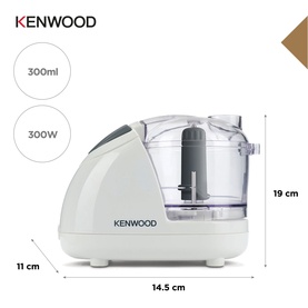 Kenwood Mini Chopper in white, 300ml 300W capacity, shown with dimensions: 11cm deep, 14.5cm wide, 19cm tall.