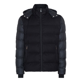 Reiss Meyrim Padded Jacket in blue with detachable hood, zip fastening, and quilted front panels with contrast sleeves