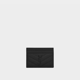Saint Laurent Monogram Embossed Leather Card Holder in black with tonal YSL logo and quilted stitch detail