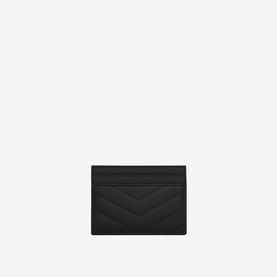 Saint Laurent Monogram Embossed Leather Card Holder in black, featuring quilted YSL chevron stitching and multiple card slots