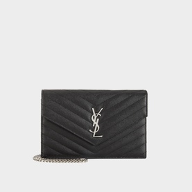 Saint Laurent Embossed Leather Envelope Chain Wallet in black with silver YSL logo hardware and silver chain strap