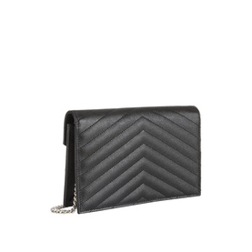Saint Laurent Embossed Leather Envelope Chain Wallet in black, chevron-quilted with silver chain strap, angled side view