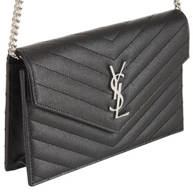 Saint Laurent Embossed Leather Envelope Chain Wallet in black with silver YSL monogram hardware and quilted chevron stitching, silver chain strap