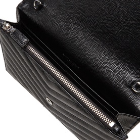 Saint Laurent Embossed Leather Envelope Chain Wallet in black, interior view showing zip pocket and quilted lining with silver hardware