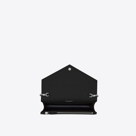 Saint Laurent Embossed Leather Envelope Chain Wallet in black, rear view showing silver hardware chain attachments and structured envelope silhouette