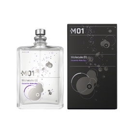 Escentric Molecules Molecule 01 Eau de Toilette clear glass bottle with molecular print beside matching dark box packaging