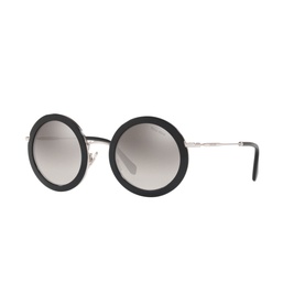 Miu Miu Round Sunglasses MU 59US 48 in black with oversized round frames, silver arms, and grey gradient mirrored lenses