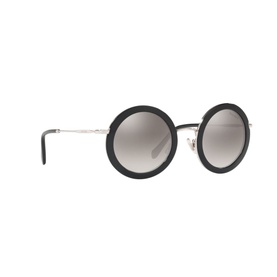 Miu Miu Round Sunglasses MU 59US 48 in black with mirrored grey lenses, silver temples, and oversized circular frames