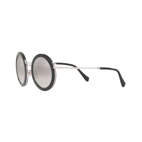 Miu Miu Round Sunglasses MU 59US 48 in black with oversized round frames, silver metal arms and mirrored grey lenses