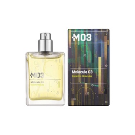 Escentric Molecules Molecule 03 EDT unisex fragrance, clear glass bottle with silver cap beside graphic green and black box