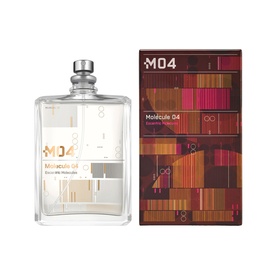 Escentric Molecules Molecule 04 Eau de Toilette 100ml, clear rectangular bottle with silver cap shown alongside geometric patterned red and brown box.