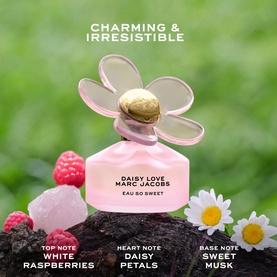 Marc Jacobs Daisy Love Eau So Sweet Eau de Toilette 100ml in flower-cap flacon, styled with raspberries and daisies on moss