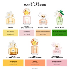 Marc Jacobs Daisy fragrance collection lineup showing eight EDT variants including Daisy Love Eau So Sweet, in decorative floral bottles
