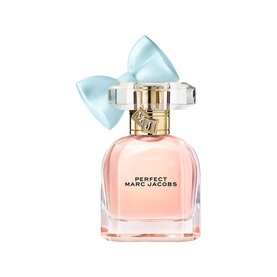 Marc Jacobs Perfect Eau de Parfum in faceted pink bottle with gold charm and oversized powder blue satin bow stopper