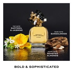 Marc Jacobs Perfect Intense Eau de Parfum 30ml bottle styled with daffodil, jasmine flowers and sandalwood, almonds ingredients