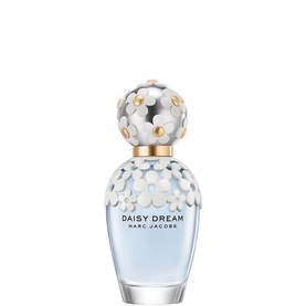 Marc Jacobs Daisy Dream Eau de Toilette in pale blue bottle with white daisy-embellished spherical cap and gold detail