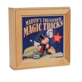 Marvin's Magic Treasured Tricks multi-coloured wooden magic set box featuring illustrated magician and wand graphic